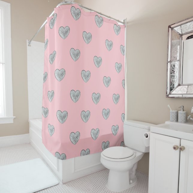 Sparkle hearts pink bg shower curtain (In Situ)