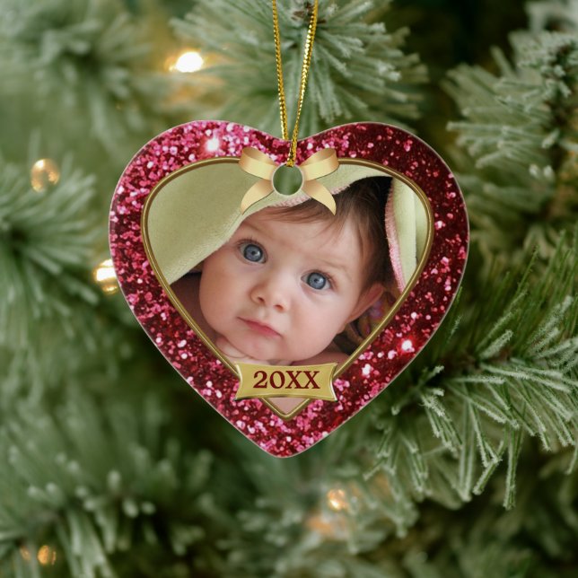 Sparkle Hearts (red/gold) Photo Ornament (Tree)