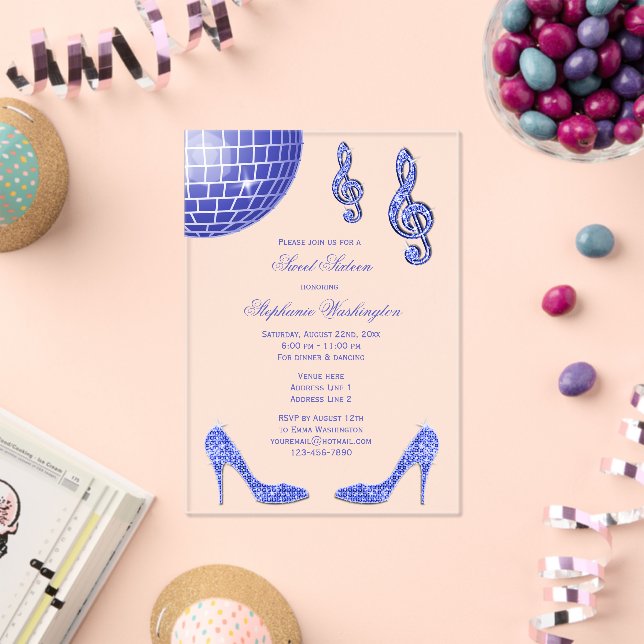 Sparkle Heels and Blue Disco Ball Sweet 16 Acrylic Invitations (Insitu (Celebration))