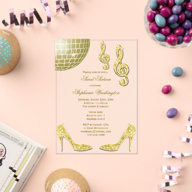 Sparkle Heels and Gold Disco Ball Sweet 16 Acrylic Invitations (Insitu (Celebration))