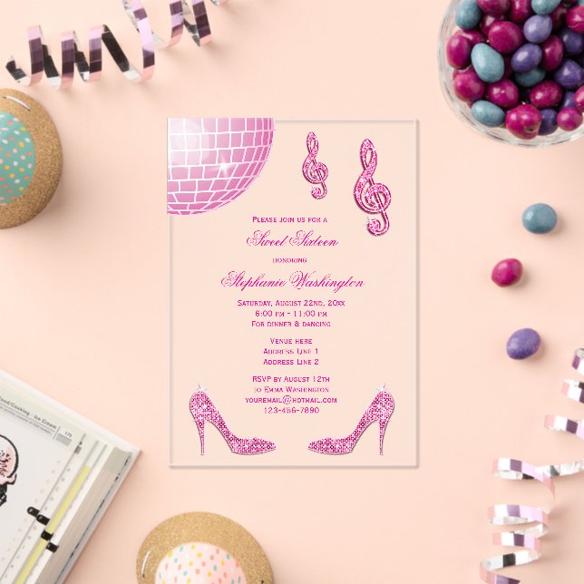 Sparkle Heels and Pink Disco Ball Sweet 16 Acrylic Invitations (Insitu (Celebration))