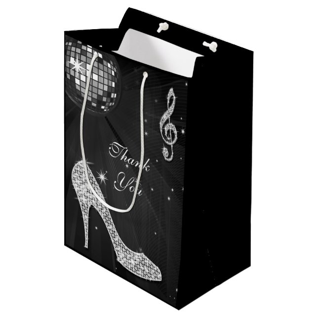 Sparkle Heels Black Disco Ball Birthday Thank You Medium Gift Bag (Front Angled)