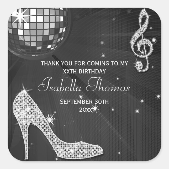 Sparkle Heels Black Disco Ball Birthday Thank You Square Sticker (Front)
