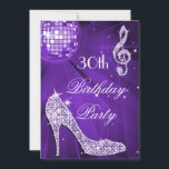 Sparkle Heels Purple Disco Ball 30th Birthday Invitation<br><div class="desc">Womens' personalised, elegant custom 30th birthday party celebration invitations with glitz and glamour. Woman's beautiful purple, lilac / lavender and white double sided invites thirtieth / thirty years / 30 year old birthday invites with a funky retro disco mirror ball, glamourous printed image rhinestones, glitter, sequins, bling jewels sparkle high...</div>