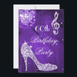 Sparkle Heels Purple Disco Ball 60th Birthday Invitation<br><div class="desc">Womens' personalised, elegant custom 60th birthday party celebration invitations with glitz and glamour. Woman's beautiful purple, lilac / lavender and white double sided invites sixtieth / sixty years / 60 year old birthday invites with a funky retro disco mirror ball, glamourous printed image rhinestones, glitter, sequins, bling jewels sparkle high...</div>