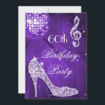Sparkle Heels Purple Disco Ball 60th Birthday Invitation<br><div class="desc">Womens' personalised, elegant custom 60th birthday party celebration invitations with glitz and glamour. Woman's beautiful purple, lilac / lavender and white double sided invites sixtieth / sixty years / 60 year old birthday invites with a funky retro disco mirror ball, glamourous printed image rhinestones, glitter, sequins, bling jewels sparkle high...</div>