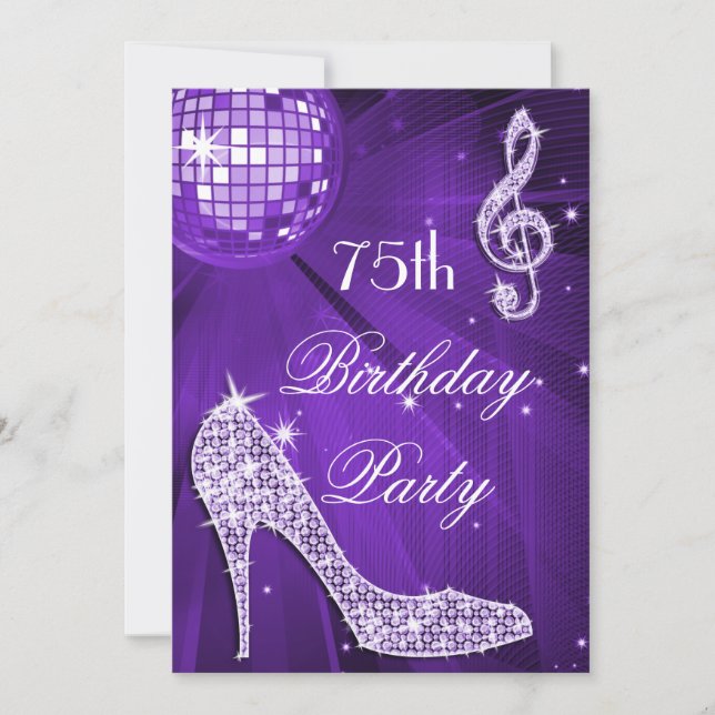 Sparkle Heels Purple Disco Ball 75th Birthday Invitation (Front)