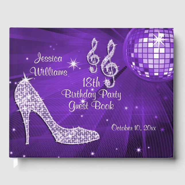 Sparkle Heels Purple Disco Ball Birthday Guest Book (Front)