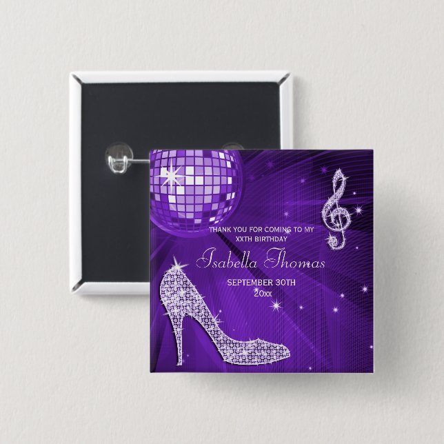 Sparkle Heels Purple Disco Ball Birthday Thank You 15 Cm Square Badge (Front & Back)