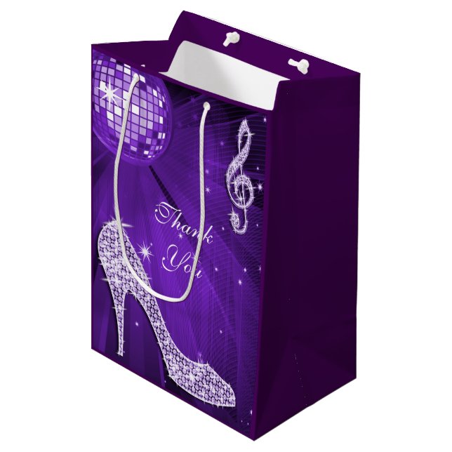 Sparkle Heels Purple Disco Ball Birthday Thank You Medium Gift Bag (Front Angled)