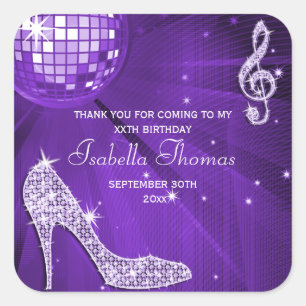 Sparkle Heels Purple Disco Ball Birthday Thank You Square Sticker