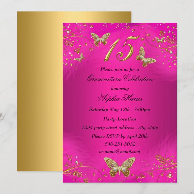 Sparkle Hot Pink & Gold Butterfly Quinceanera Invitation (Front/Back)