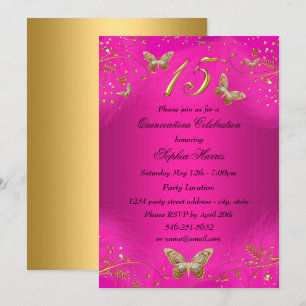 Sparkle Hot Pink & Gold Butterfly Quinceanera Invitation