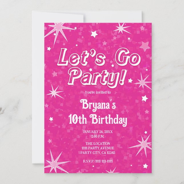 Sparkle Hot Pink Stars Let's Go Party Birthday  Invitation (Front)