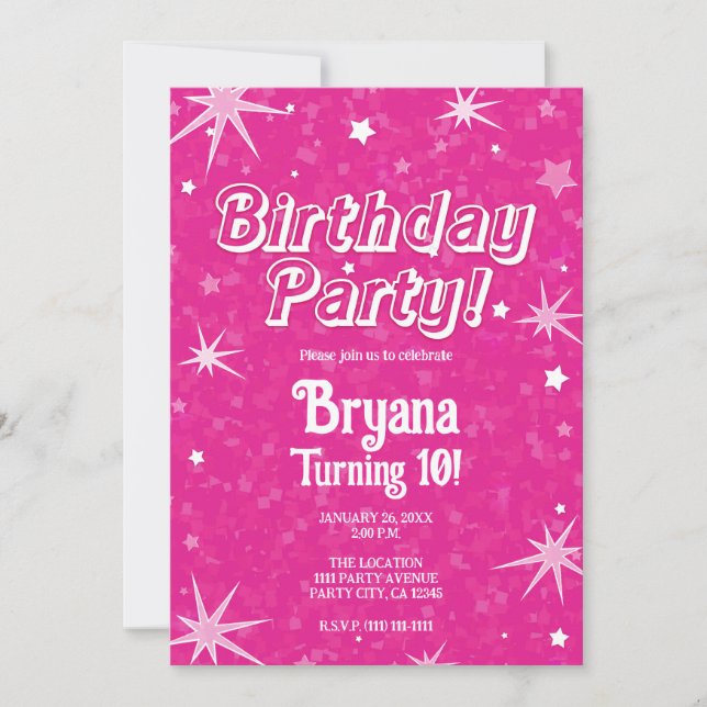 Sparkle Hot Pink & White Stars Birthday Party Invitation (Front)