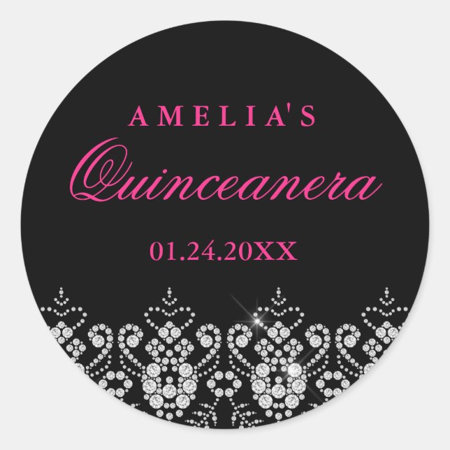 Sparkle Jewel Black Hot Pink Quinceanera Sticker (Front)