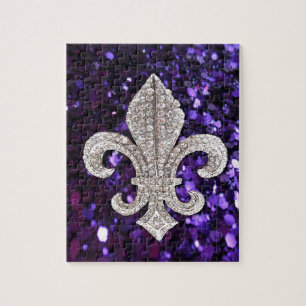Sparkle jewel Fleur De Lis Sequins Purple Jigsaw Puzzle