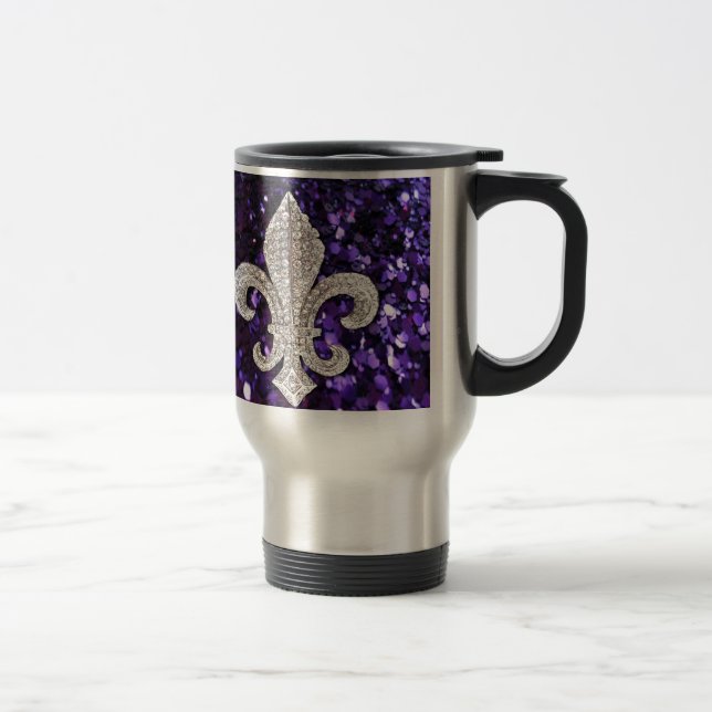 Sparkle jewel Fleur De Lis Sequins Purple Travel Mug (Right)