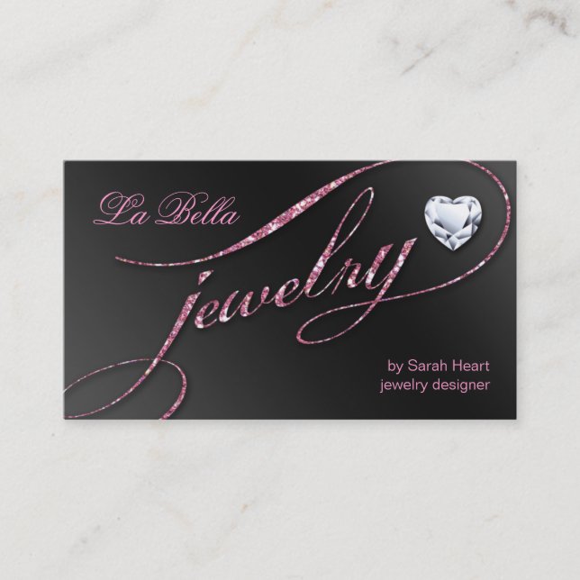 Sparkle Jewellery Business Card Black Pink Heart 2 (Front)