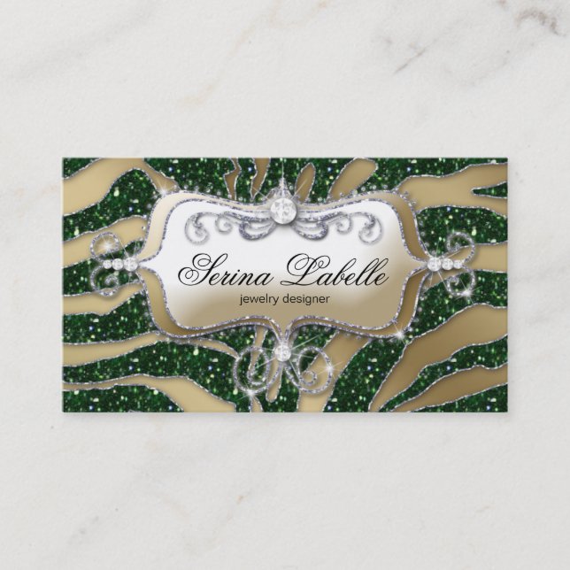 Sparkle Jewellery Business Card Zebra Gold Green (Front)