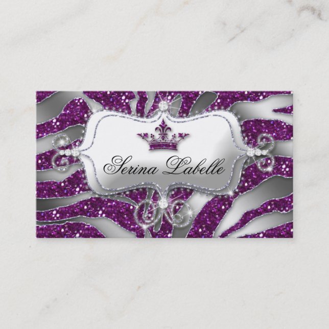 Sparkle Jewellery Zebra Crown Purple Glitter Business Card (Front)