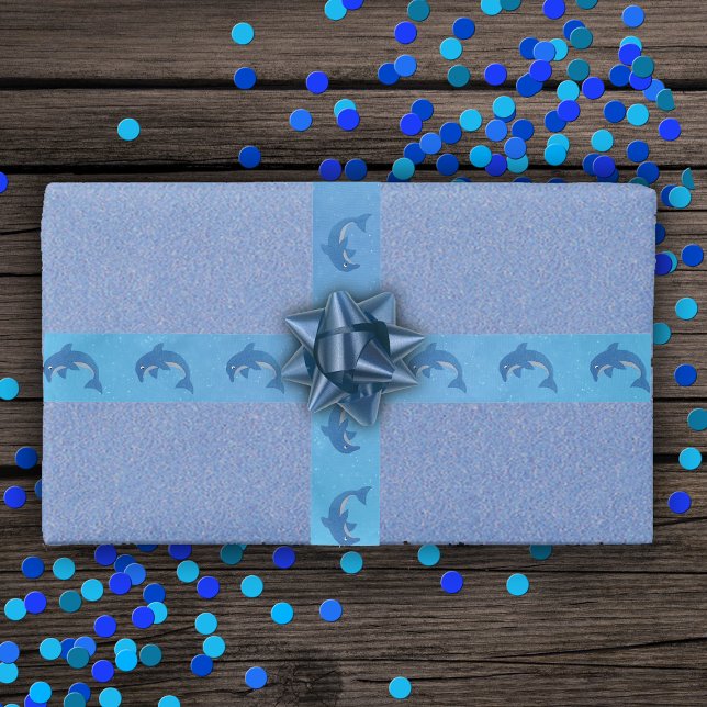 Sparkle jumping Cute Dolphins Dark Blue White Satin Ribbon (Glitter dark blue and white jumping dolphins water bubbles on pretty blue gift wrap ribbon.)