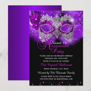 Sparkle Lace Mask Purple Masquerade Sweet 16 Invitation
