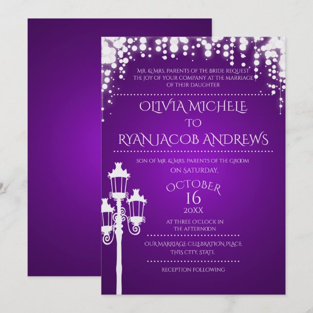 Sparkle Lamp Post Gala Purple Wedding Invitation (Front/Back)