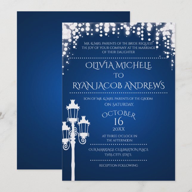 Sparkle Lamp Post Gala Wedding Sapphire Invitation (Front/Back)