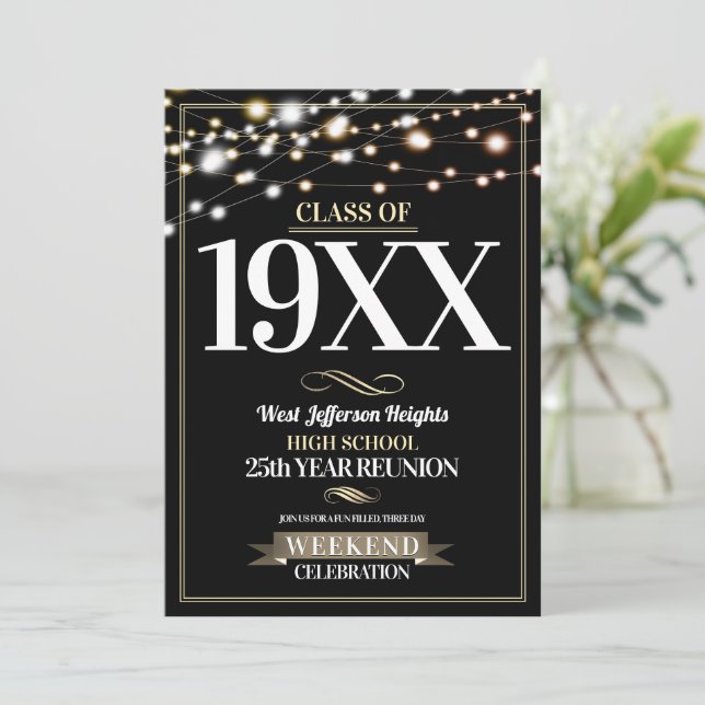 Sparkle Lights School Colours Class Reunion Invitation (Standing Front)