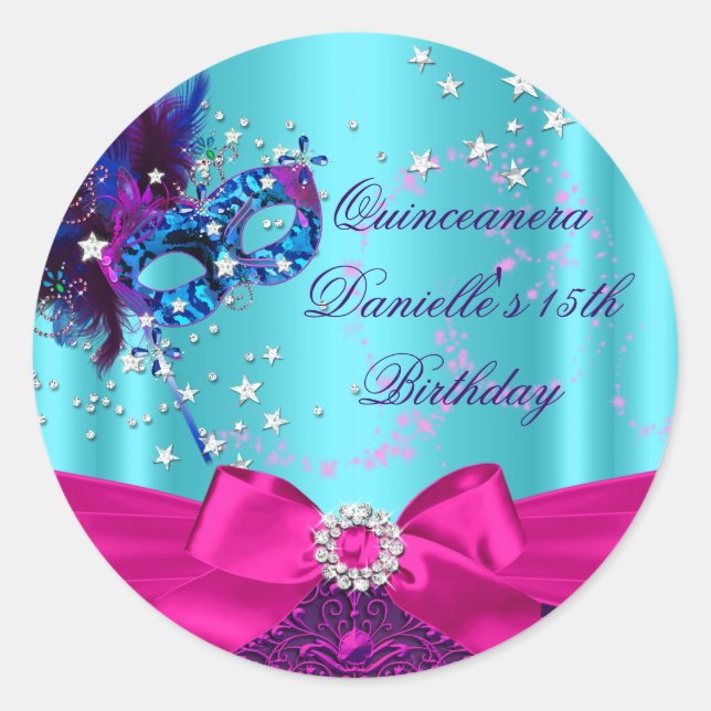 Sparkle Mask & Bow Quinceanera Birthday Sticker (Front)