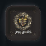 Sparkle Menorah Hanukkah Paper Plate<br><div class="desc">Hanukkah party design with a gold menorah and silver and gold sparkles on a black background.</div>