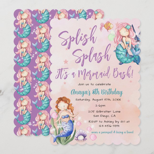 Sparkle Mermaid Bash Birthday  Invitation (Front/Back)