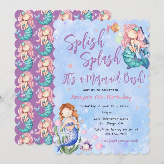 Sparkle Mermaid Bash Birthday  Invitation (Front/Back)