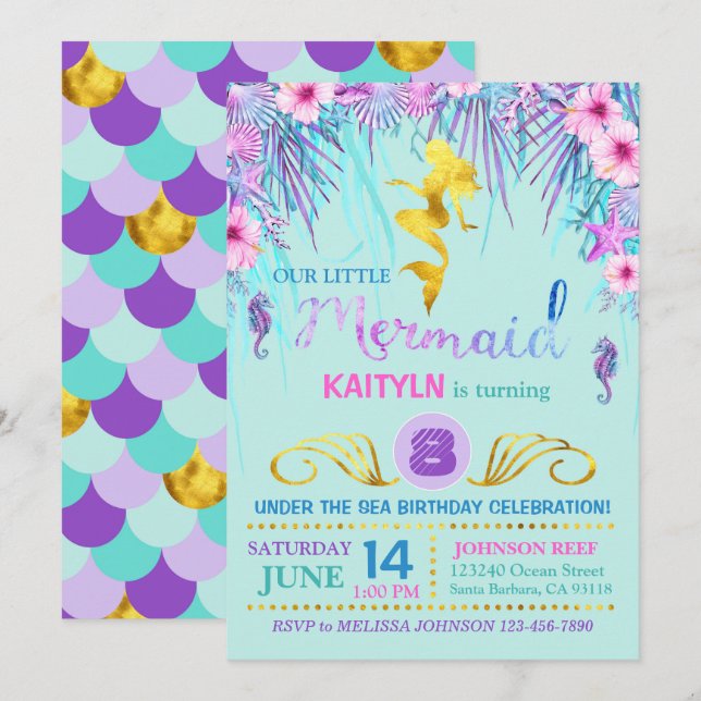 Sparkle Mermaid Under the Sea Birthday Invitation (Front/Back)