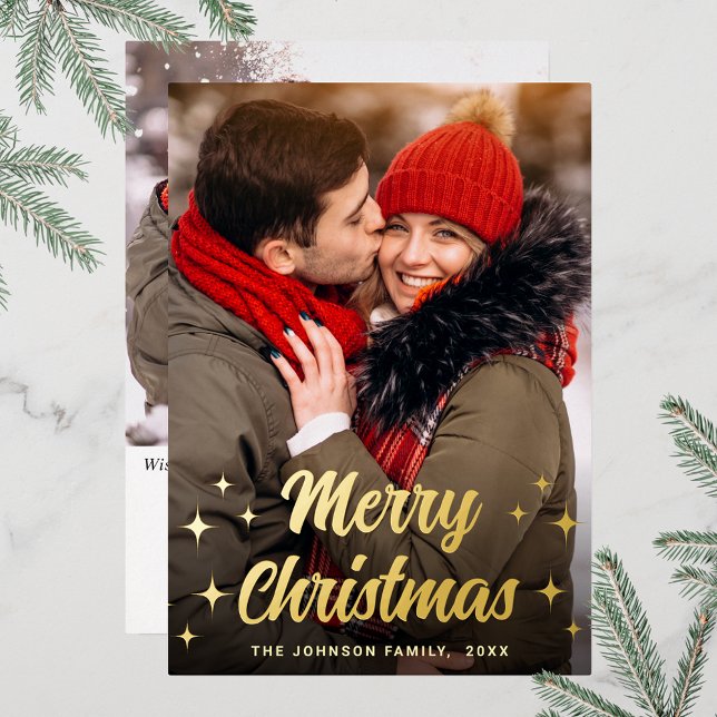 Sparkle Merry Christmas 2 PHOTO Greeting Gold Foil Holiday Card (Customizable Christmas holiday greeting photo card with real foil print.)