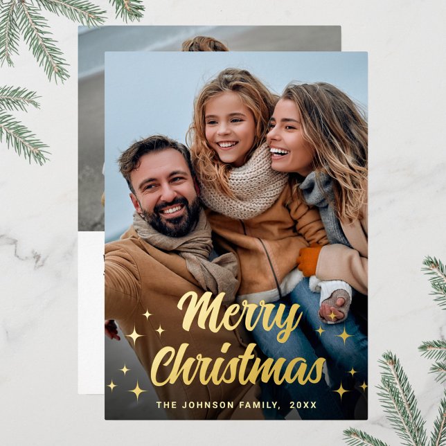 Sparkle Merry Christmas 2 PHOTO Greeting Gold Foil Holiday Card (Creator Uploaded)