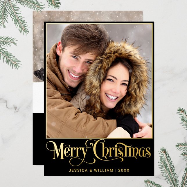 Sparkle Merry Christmas 2 PHOTO Greeting Gold Foil Holiday Card (Creator Uploaded)