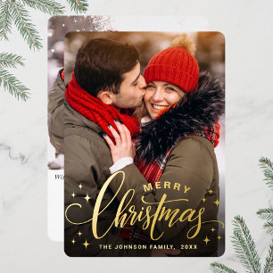 Sparkle Merry Christmas 2 PHOTO Greeting Gold Foil Holiday Card