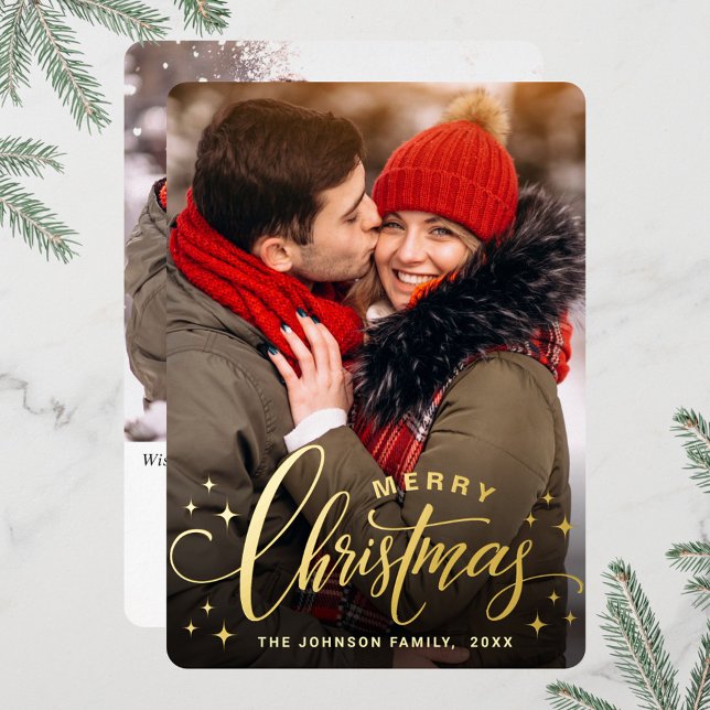Sparkle Merry Christmas 2 PHOTO Greeting Gold Foil Holiday Card (Creator Uploaded)