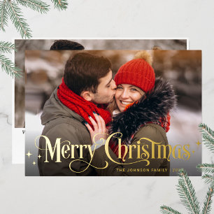 Sparkle Merry Christmas 2 PHOTO Greeting Gold Foil Holiday Card