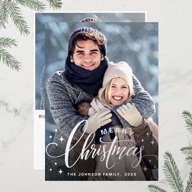 Sparkle Merry Christmas 2 PHOTO Greeting Silver Foil Holiday Card (Creator Uploaded)