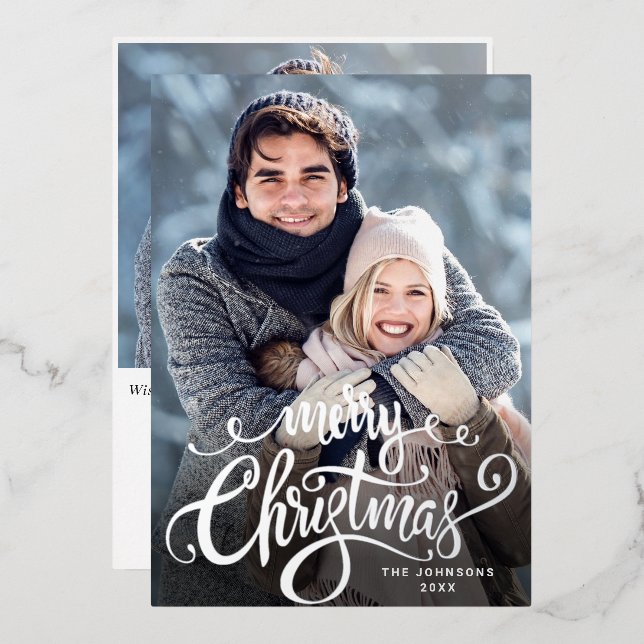 Sparkle Merry Christmas 2 PHOTO Greeting Silver Foil Holiday Card (Front/Back)