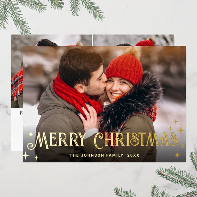 Sparkle Merry Christmas 3 PHOTO Greeting Gold Foil Holiday Card (Creator Uploaded)