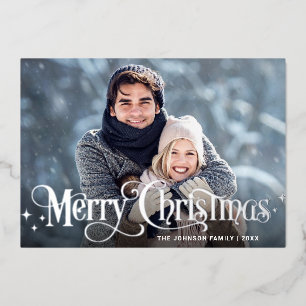 Sparkle Merry Christmas 3 PHOTO Greeting Silver Foil Holiday Card