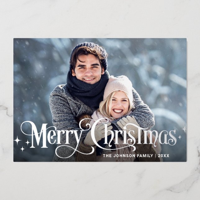 Sparkle Merry Christmas 3 PHOTO Greeting Silver Foil Holiday Card (Front)