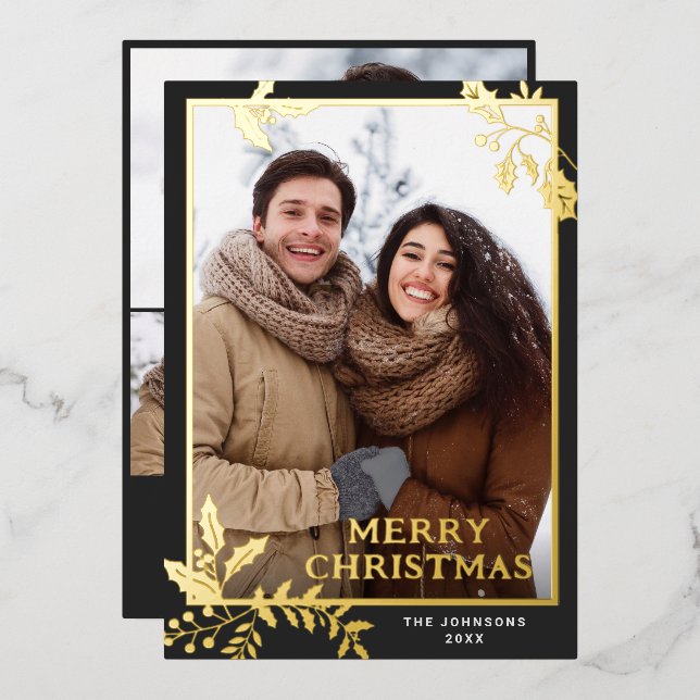 Sparkle Merry Christmas 4 PHOTO Greeting Gold Foil Holiday Card (Front/Back)