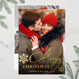 Sparkle Merry Christmas 4 PHOTO Greeting Gold Foil Holiday Card