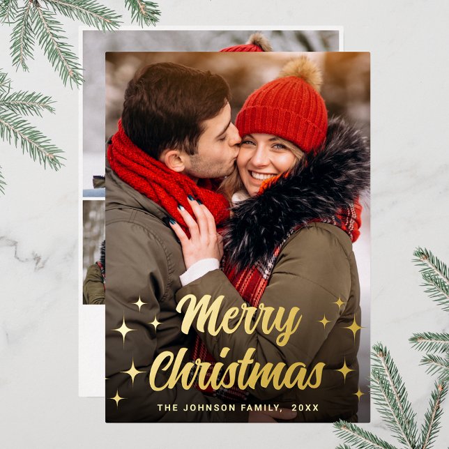 Sparkle Merry Christmas 4 PHOTO Greeting Gold Foil Holiday Card (Customizable Christmas holiday greeting photo card with real foil print.)