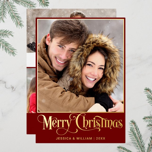 Sparkle Merry Christmas 4 PHOTO Greeting Gold Foil Holiday Card (Creator Uploaded)